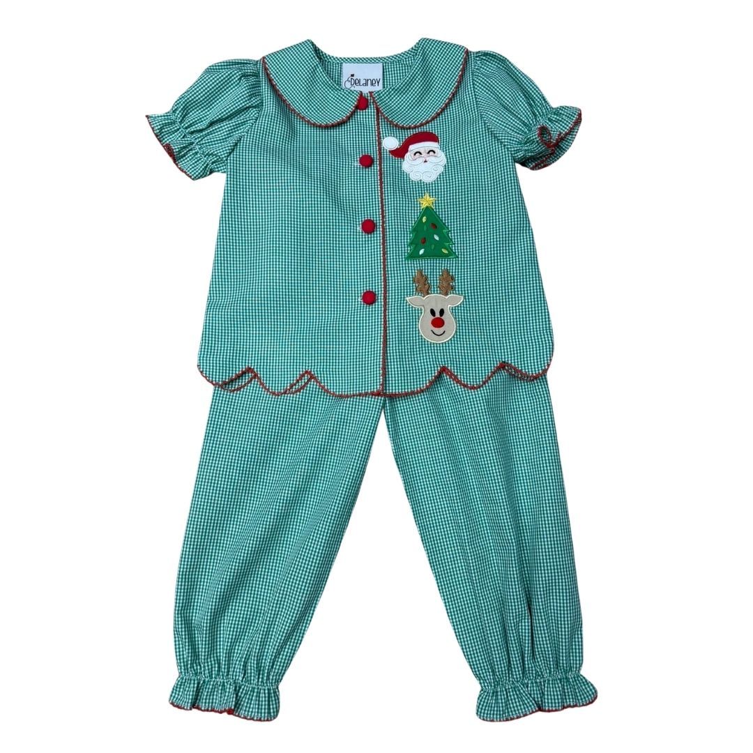 Girls Green Gingham Applique Christmas Pant Set