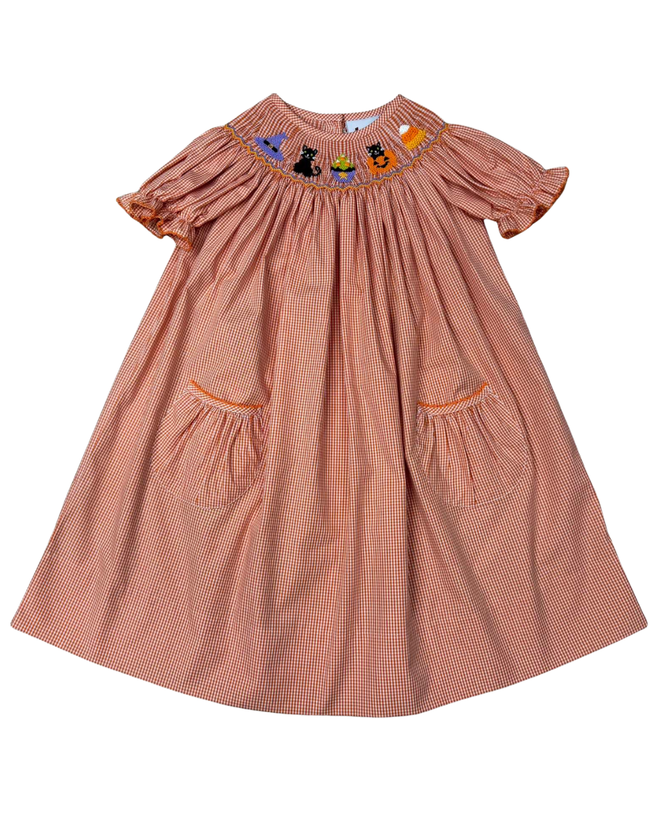 Orange Check Smocked Halloween Cats & Hats Dress