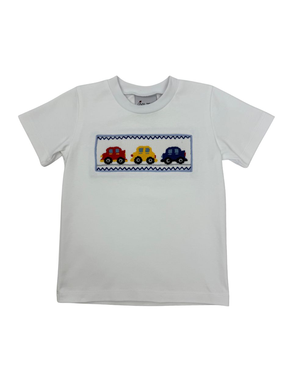 BOYS WHITE SS SMOCKED CARS T-SHIRT