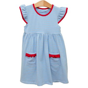 Lucy Dress - Cornflower Stripe/Red