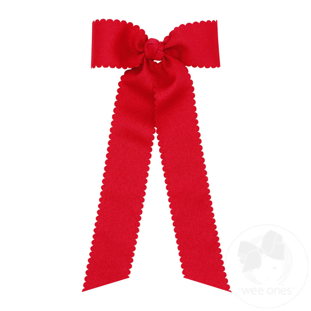 Medium Grosgrain Bowtie with Scalloped Edge, Knot Wrap, and Streamer Tails - Red