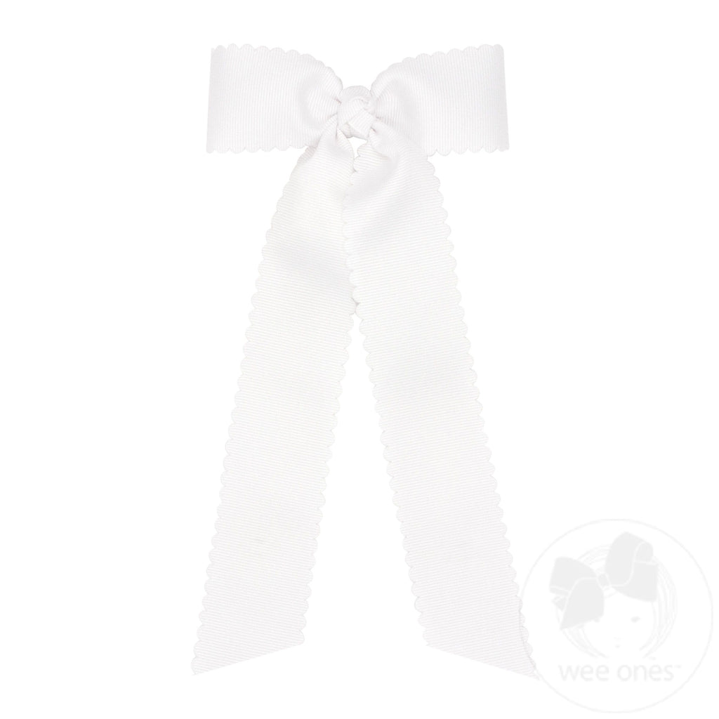 Medium Grosgrain Bowtie with Scalloped Edge, Knot Wrap, and Streamer Tails - White
