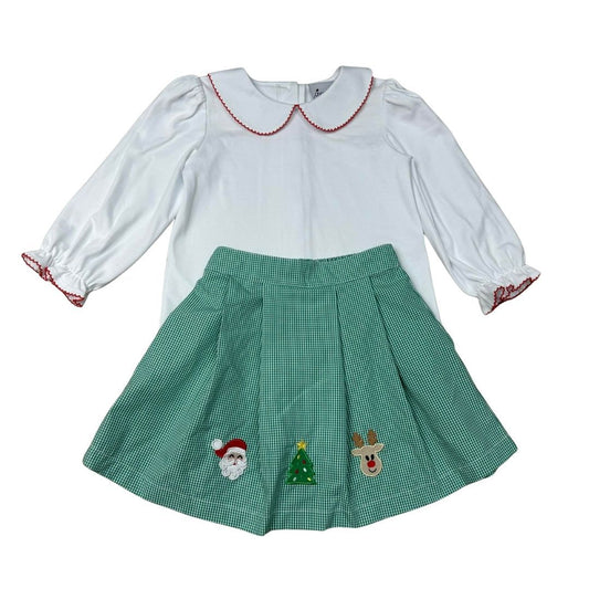 Girls Green Gingham Applique Christmas Skirt & Knit Blouse