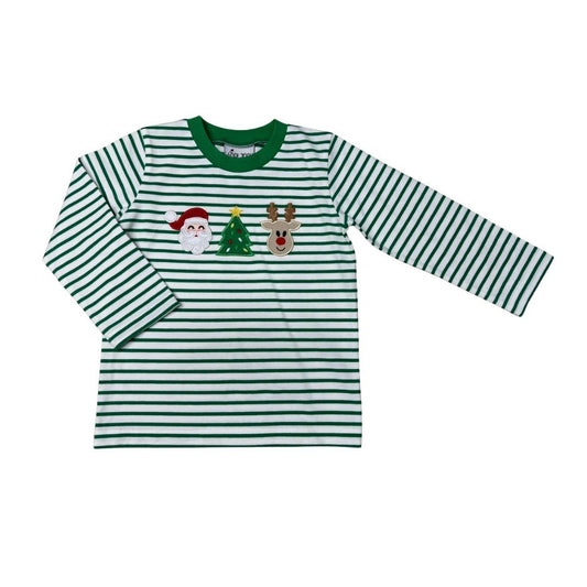 Boys Mini Green Stripes Christmas Santa, Reindeer, Tree LS Shirt
