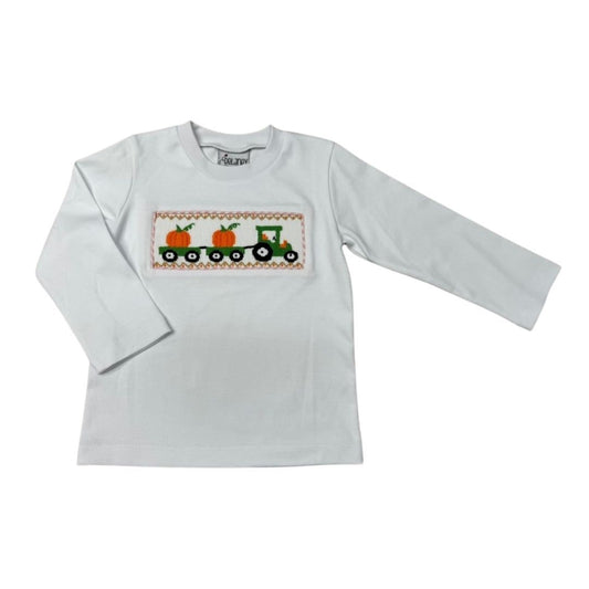 Boys White Knit Smocked Pumpkin Tractor LS Shirt