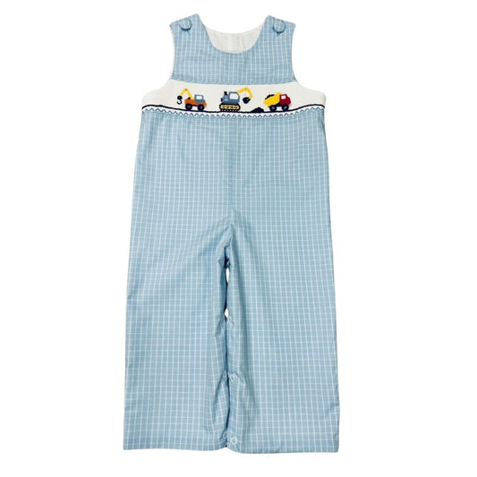 Boys Blue Check Long Jon Jon Smocked Work Trucks
