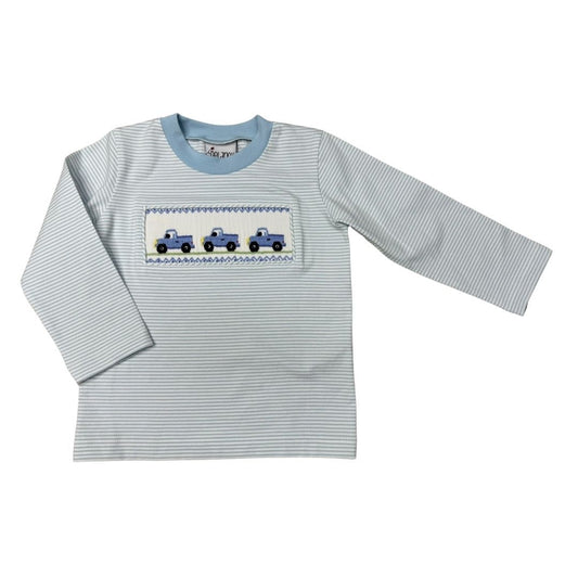 Boys Blue/White Stripe Smocked Truck LS Shirt