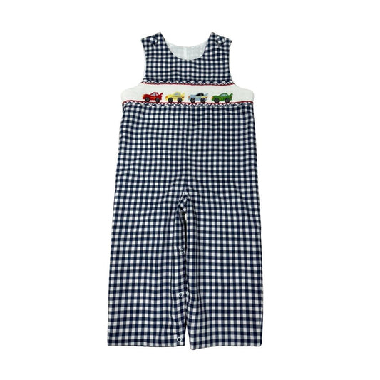 Boys Navy Gingham Smocked Race Cars Long Jon Jon