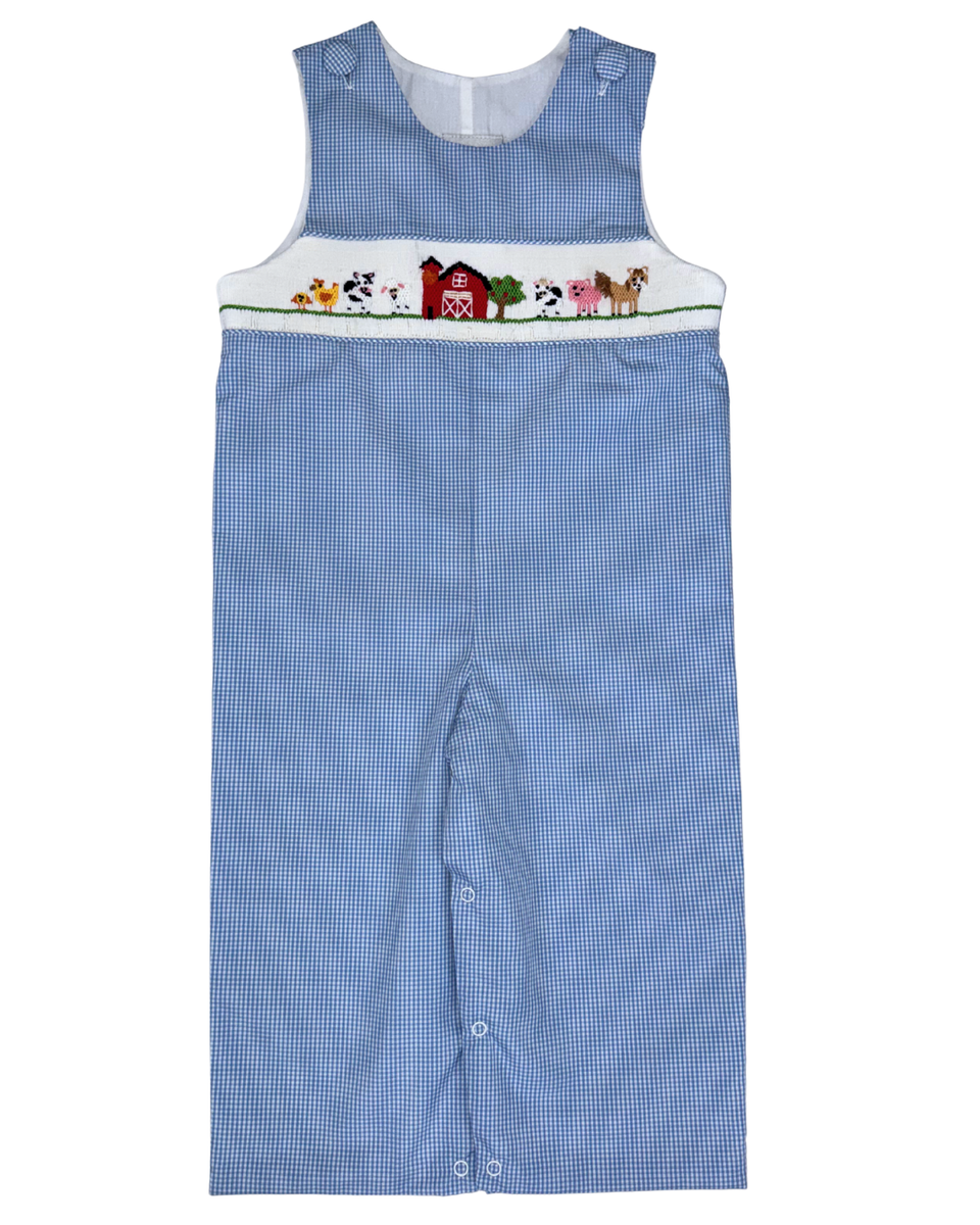 Light Blue Check Smocked Farm Animals & Barn Long Jon Jon