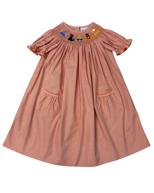 Orange Check Smocked Halloween Cats & Hats Dress