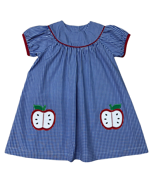 BLUE ROUND COLLAR APPLIQUE APPLE POCKETS DRESS