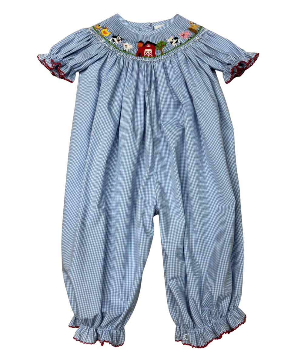 Light Blue Mini Check Smocked Farm Animals Romper