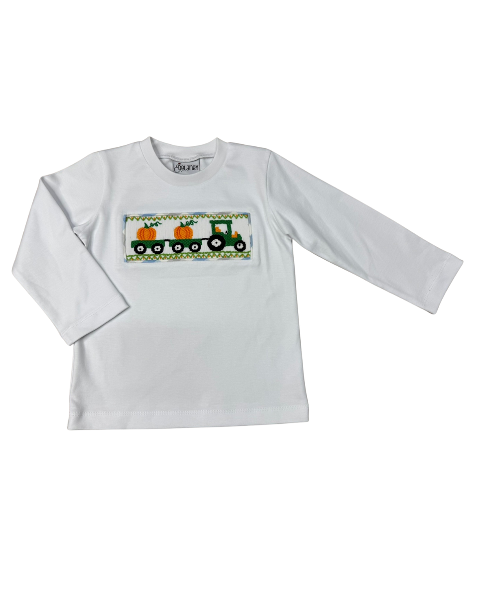 White Smocked Tractor & Pumpkin Shirt
