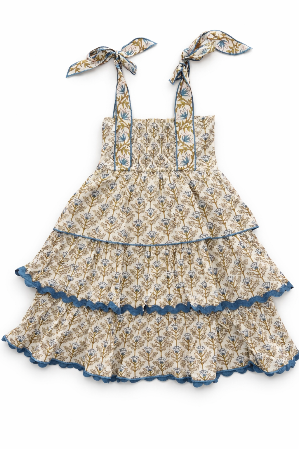 Genelia Layered Dress : WHITE WITH BLUE FLORAL PRINT