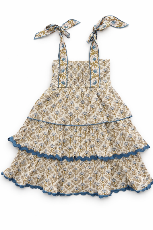 Genelia Layered Dress : WHITE WITH BLUE FLORAL PRINT