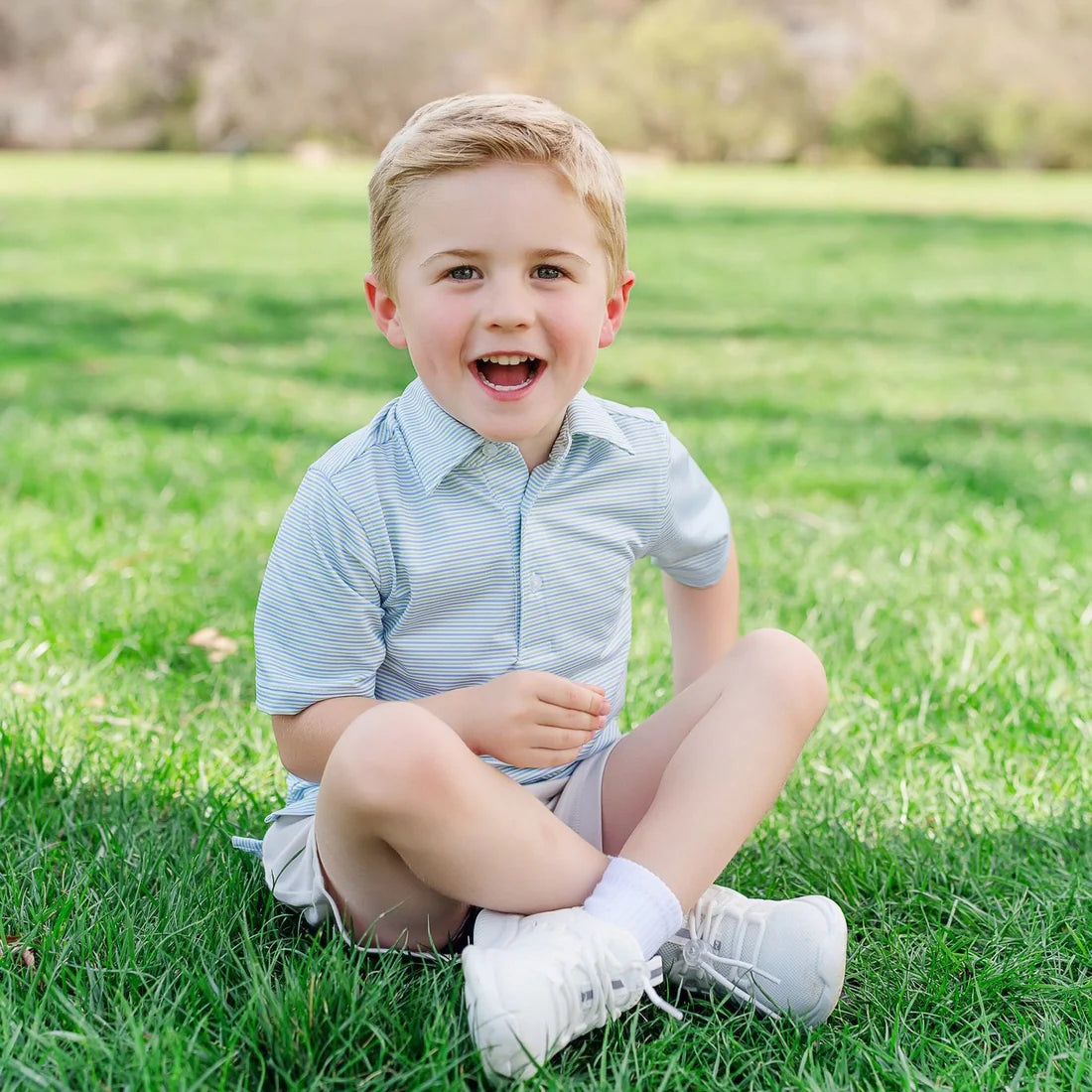 Will Boys' Performance Polo - Club Stripe Blue Green