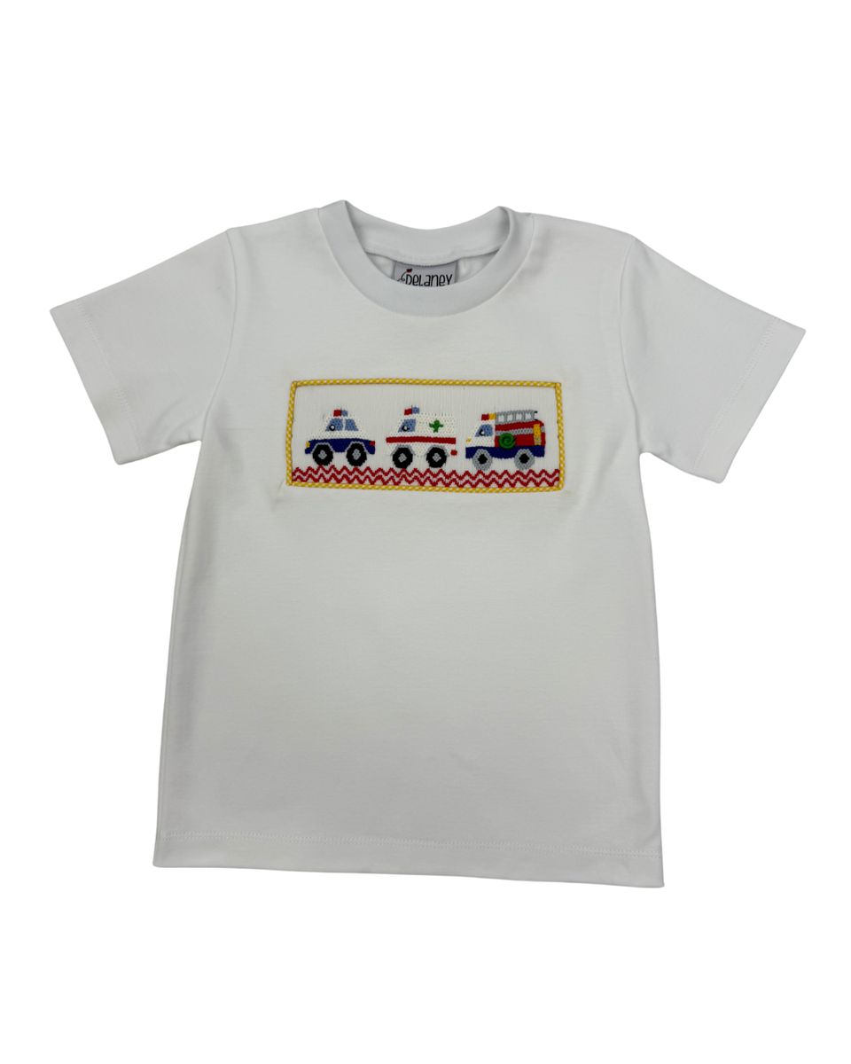 BOYS WHITE KNIT SMOCKED EMERGENCY CREW T-SHIRT