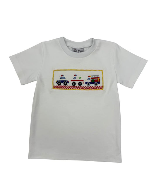 BOYS WHITE KNIT SMOCKED EMERGENCY CREW T-SHIRT