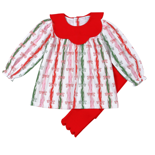Christmas in Bows Pima Scallop Collar Top Set