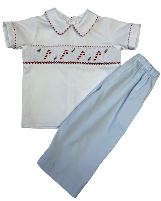 Drew Candy Cane Smocked White Collar Shirt Pant Set