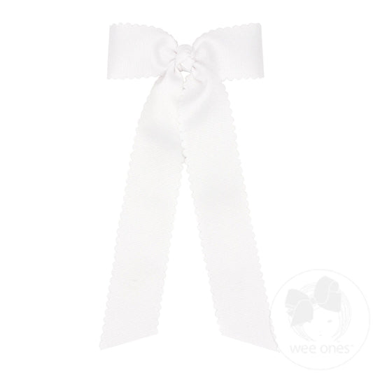 Medium Grosgrain Bowtie with Scalloped Edge, Knot Wrap, and Streamer Tails - White