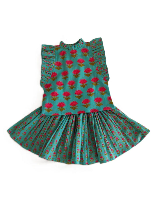 Floral Top and Skirt Set : TEAL